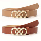 Women's Korean-Style PU Belt with Three Circle Plate Buckle Fashionable Ins Senior Sense for All Coat Denim the Belt for Women