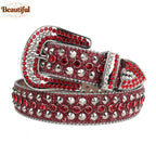 Bold&Eye-Catching Red Bling Bling Diamond Belt Rhinestone&Spike Studded Leather Belt