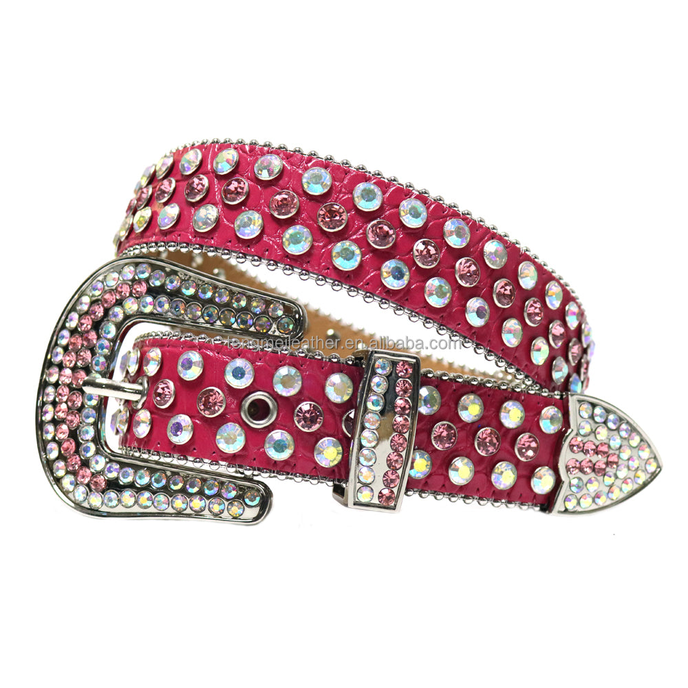 Bold&Eye-Catching Red Bling Bling Diamond Belt Rhinestone&Spike Studded Leather Belt