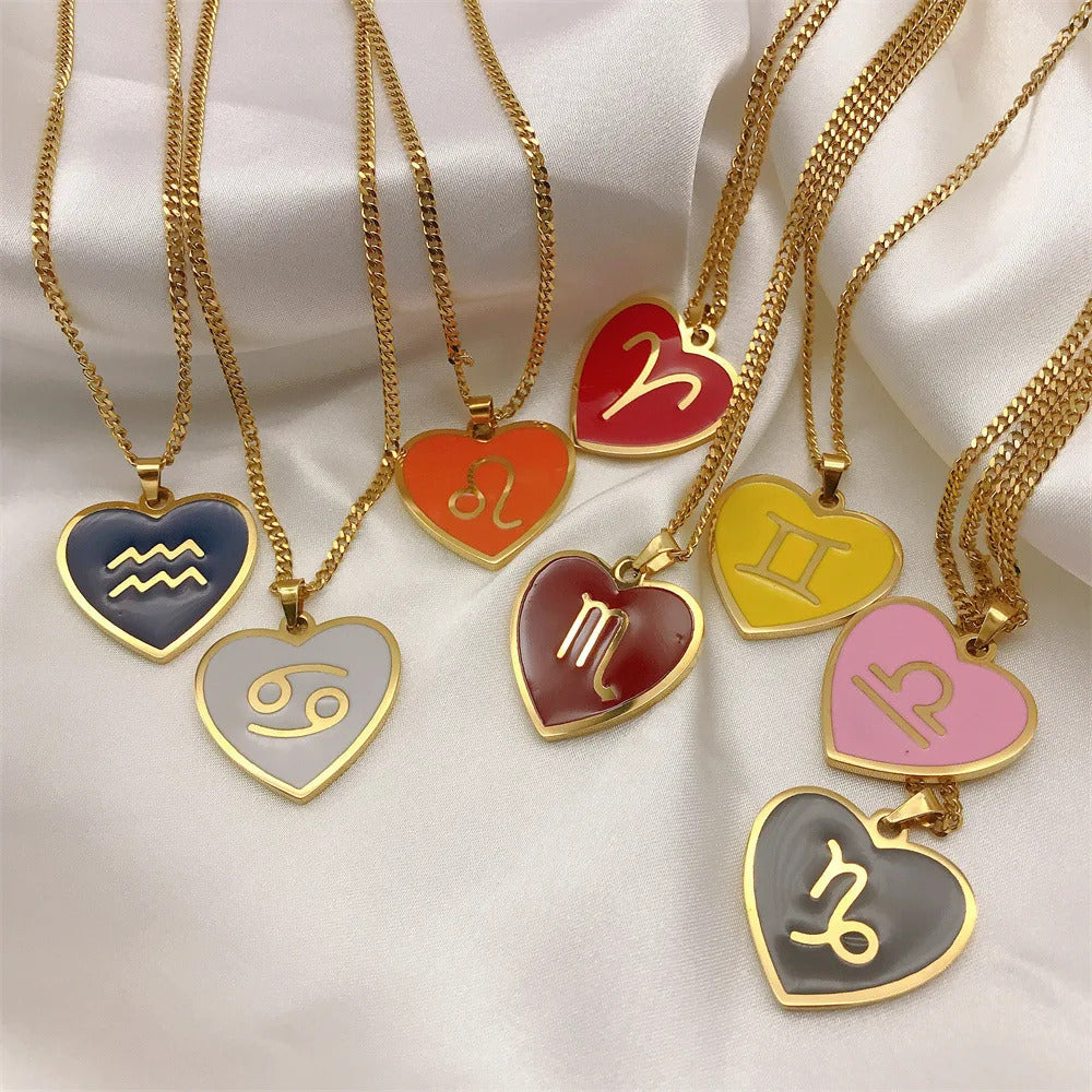 $10 christmas gifts 12 Constellation Necklace for Women Charms Enamel Heart Zodiac Sign Pendant Necklace Aries Leo Amulet