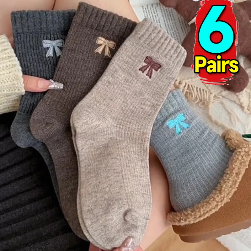 Autumn Winter Cozy Home Socks Retro Bow Women Fleece Cotton Mid Calf Socks Breathable Comfort Female Elastic Soft Thermal Socks