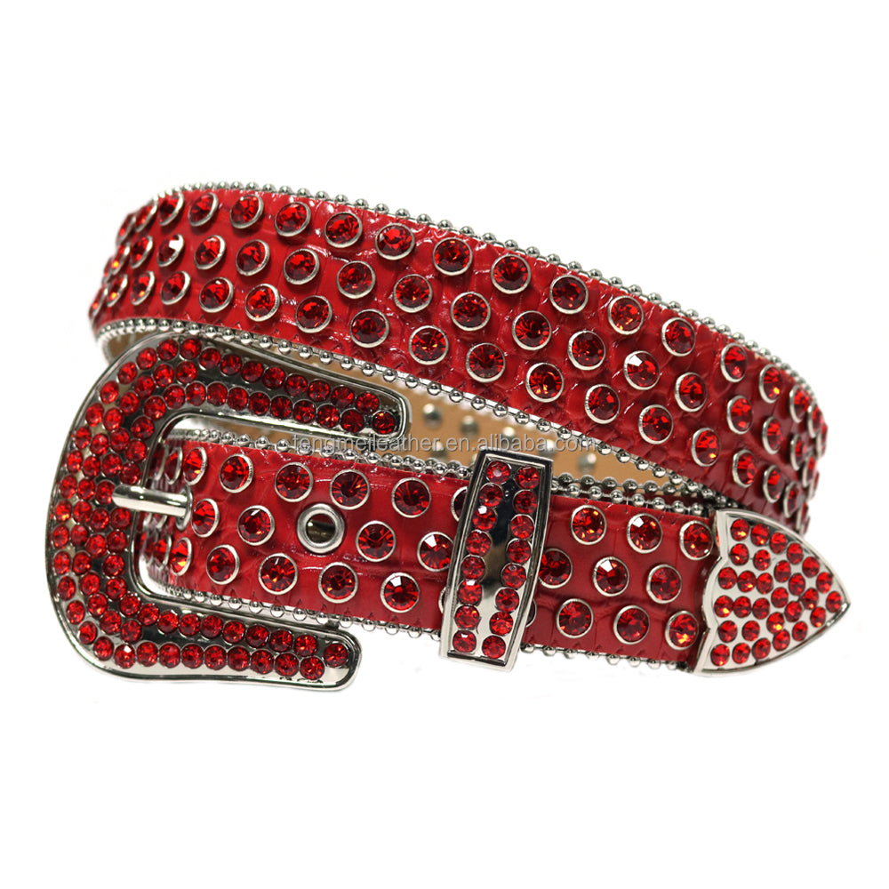 Bold&Eye-Catching Red Bling Bling Diamond Belt Rhinestone&Spike Studded Leather Belt