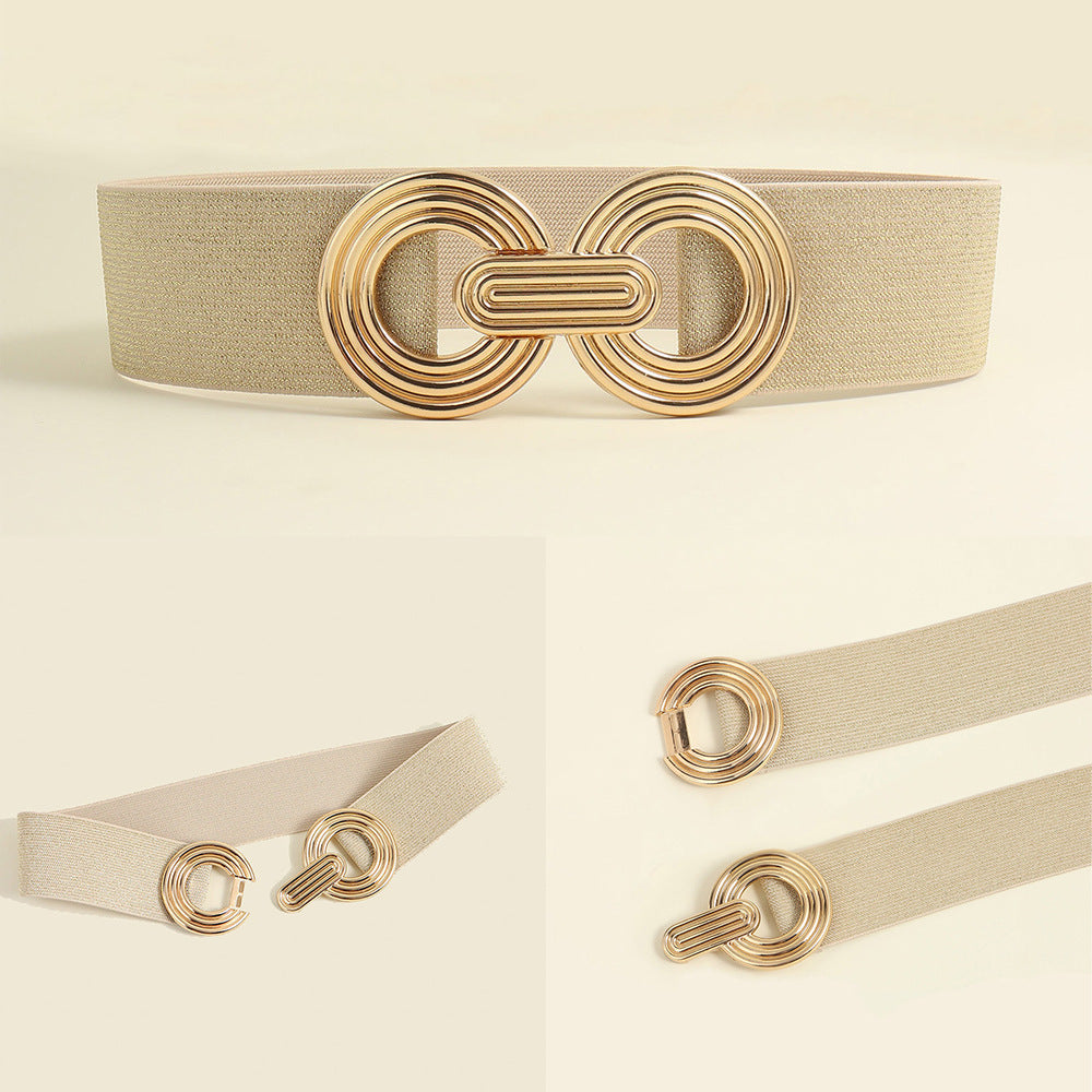 Wide Elastic Dress Waistband Multicolor Gold Metal Alloy Double Circle Hook Fashionable Woman's Belt，Corset Belt