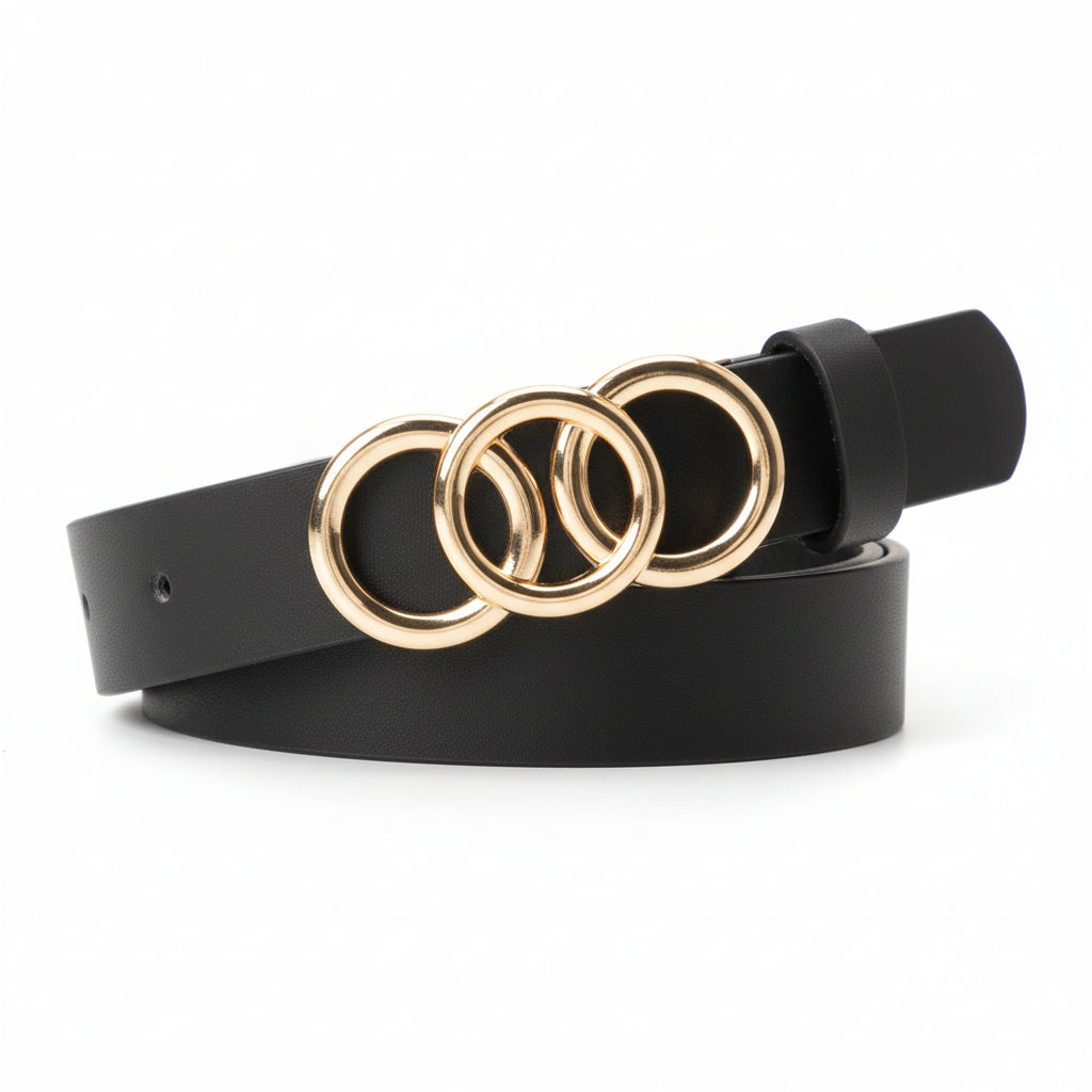 Women's Korean-Style PU Belt with Three Circle Plate Buckle Fashionable Ins Senior Sense for All Coat Denim the Belt for Women