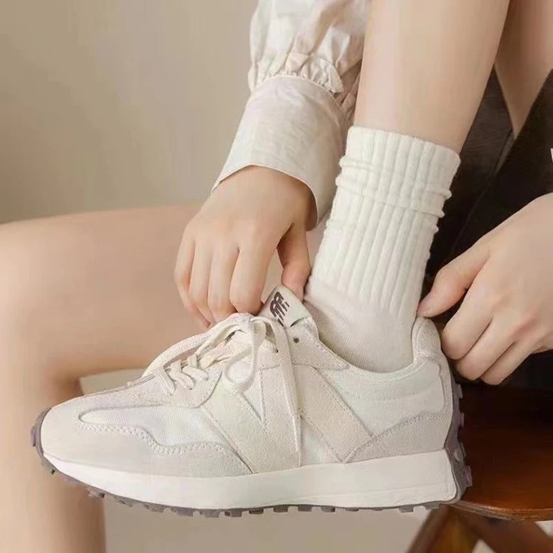 Women Elastic Socks Solid Color Fashion Classic Striped JK Socks Coffee Beige White Black Cotton Middle Tube Long Casual Socks