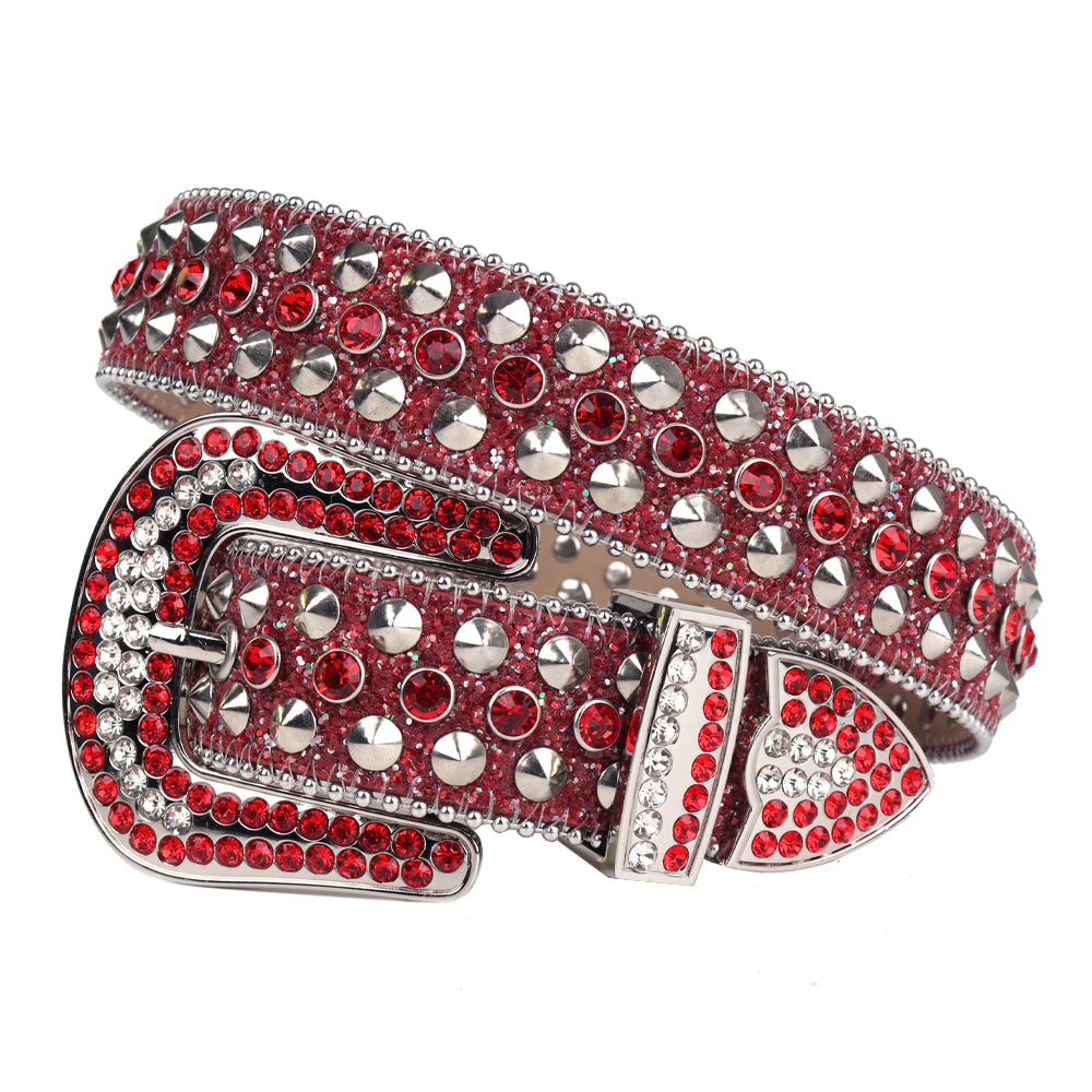Bold&Eye-Catching Red Bling Bling Diamond Belt Rhinestone&Spike Studded Leather Belt