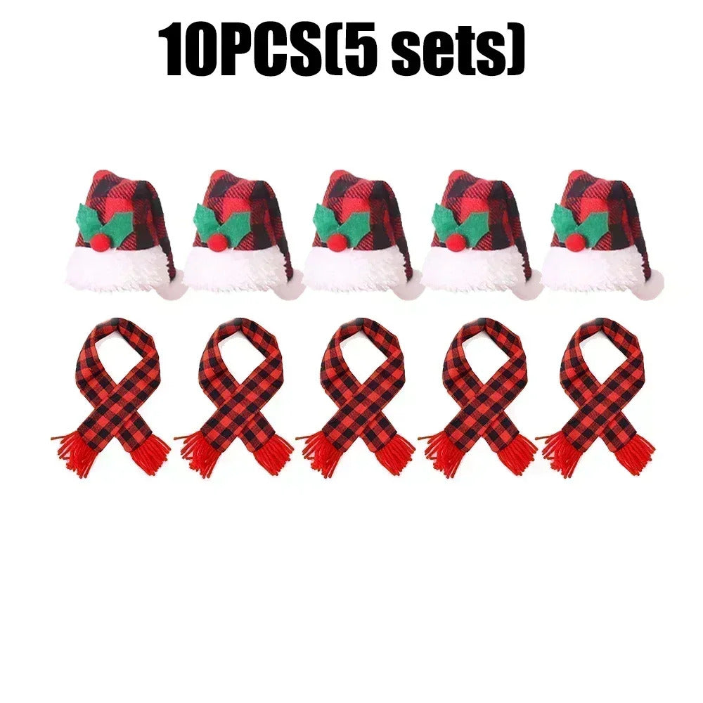 2025 xmas ornament Lots Christmas Wine Bottle Cover Cap Red Green Xmas Hats Scarf Home Ornament Festival Party Tableware Decoration Supplies 2025