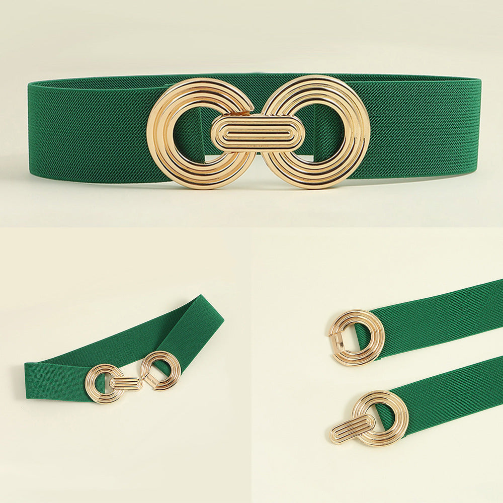 Wide Elastic Dress Waistband Multicolor Gold Metal Alloy Double Circle Hook Fashionable Woman's Belt，Corset Belt