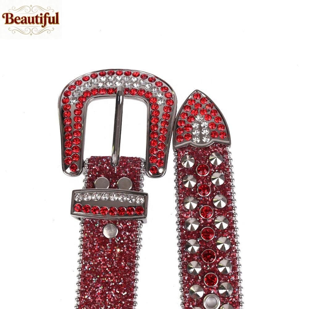 Bold&Eye-Catching Red Bling Bling Diamond Belt Rhinestone&Spike Studded Leather Belt