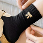 Autumn Winter Cozy Home Socks Retro Bow Women Fleece Cotton Mid Calf Socks Breathable Comfort Female Elastic Soft Thermal Socks