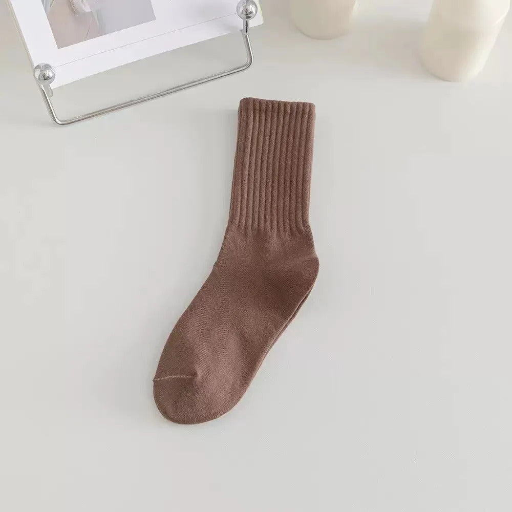 Women Elastic Socks Solid Color Fashion Classic Striped JK Socks Coffee Beige White Black Cotton Middle Tube Long Casual Socks