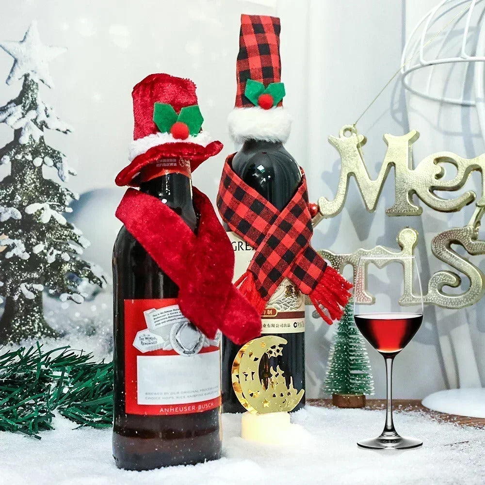 2025 xmas ornament Lots Christmas Wine Bottle Cover Cap Red Green Xmas Hats Scarf Home Ornament Festival Party Tableware Decoration Supplies 2025