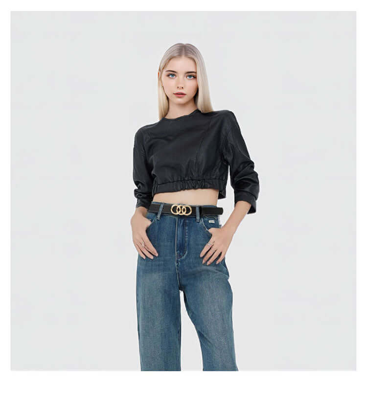 Women's Korean-Style PU Belt with Three Circle Plate Buckle Fashionable Ins Senior Sense for All Coat Denim the Belt for Women