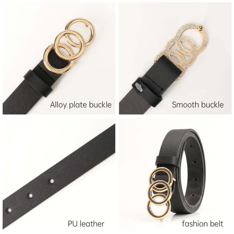 Women's Korean-Style PU Belt with Three Circle Plate Buckle Fashionable Ins Senior Sense for All Coat Denim the Belt for Women