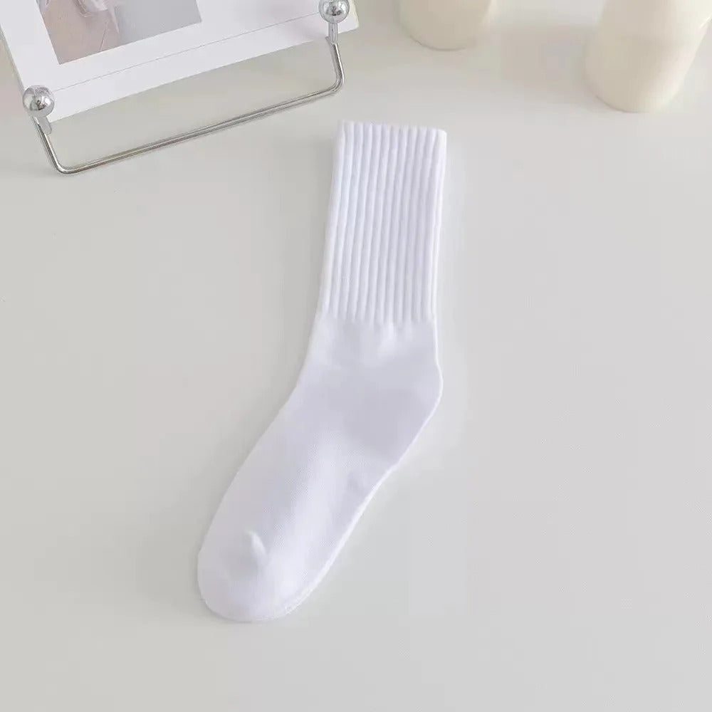 Women Elastic Socks Solid Color Fashion Classic Striped JK Socks Coffee Beige White Black Cotton Middle Tube Long Casual Socks