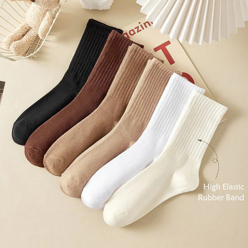 Women Elastic Socks Solid Color Fashion Classic Striped JK Socks Coffee Beige White Black Cotton Middle Tube Long Casual Socks