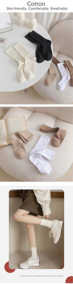 Women Elastic Socks Solid Color Fashion Classic Striped JK Socks Coffee Beige White Black Cotton Middle Tube Long Casual Socks