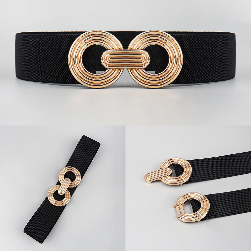 Wide Elastic Dress Waistband Multicolor Gold Metal Alloy Double Circle Hook Fashionable Woman's Belt，Corset Belt