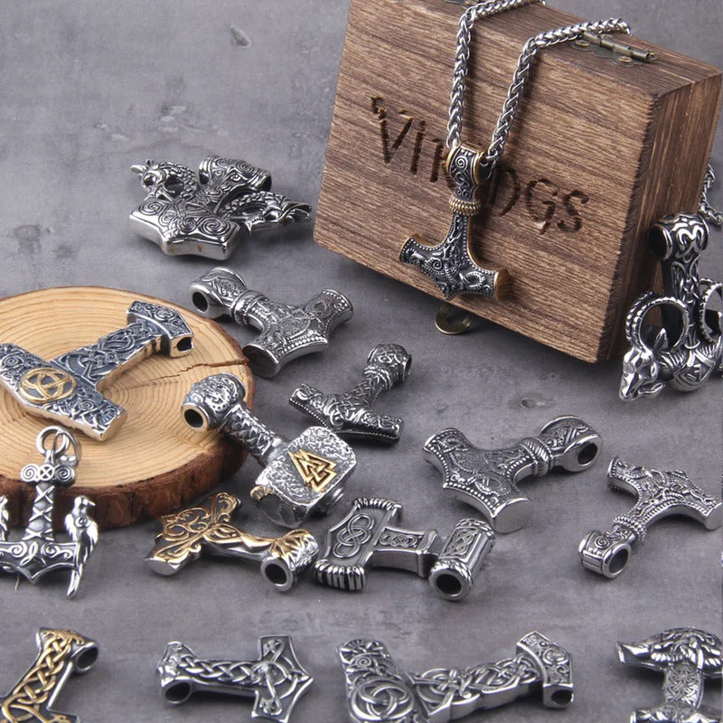 $20 christmas gifts Fashion Valknut Viking Thor's Hammer Pendant Necklace With keel Chain As Men Gift with wooden box $20 gift ideas