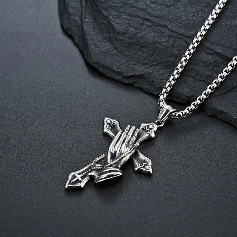 $10 christmas gifts Praying Hands Necklace Black Stainless Steel Cross Box Chain - For Teens - Gift Accessories $10 gift ideas
