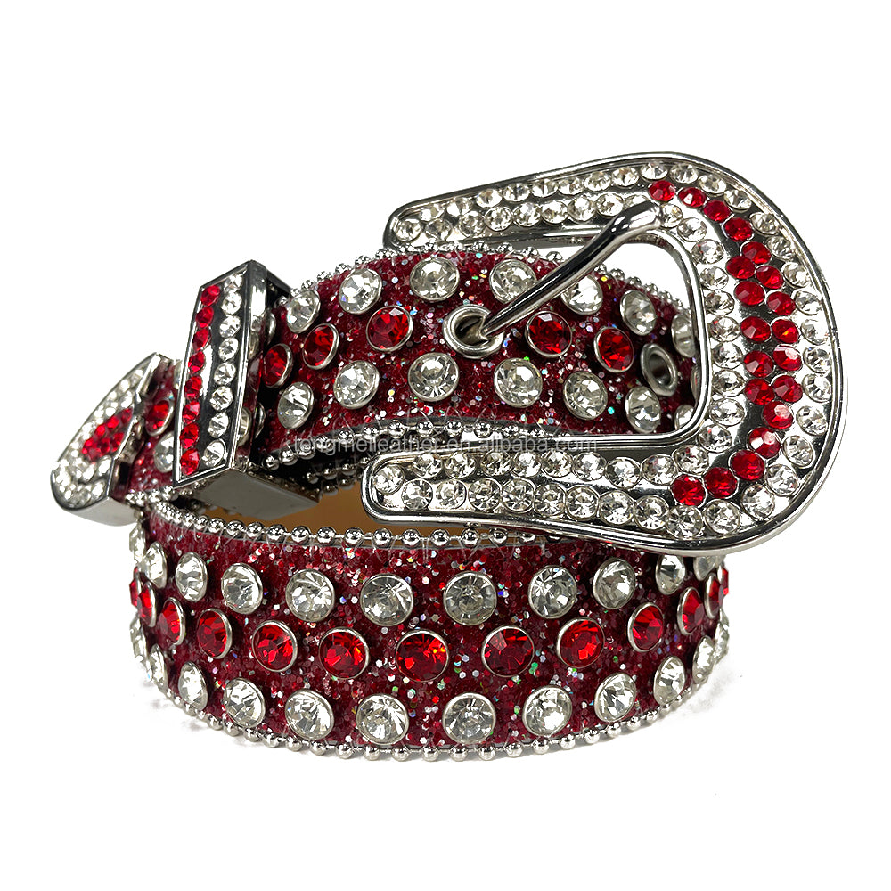 Bold&Eye-Catching Red Bling Bling Diamond Belt Rhinestone&Spike Studded Leather Belt