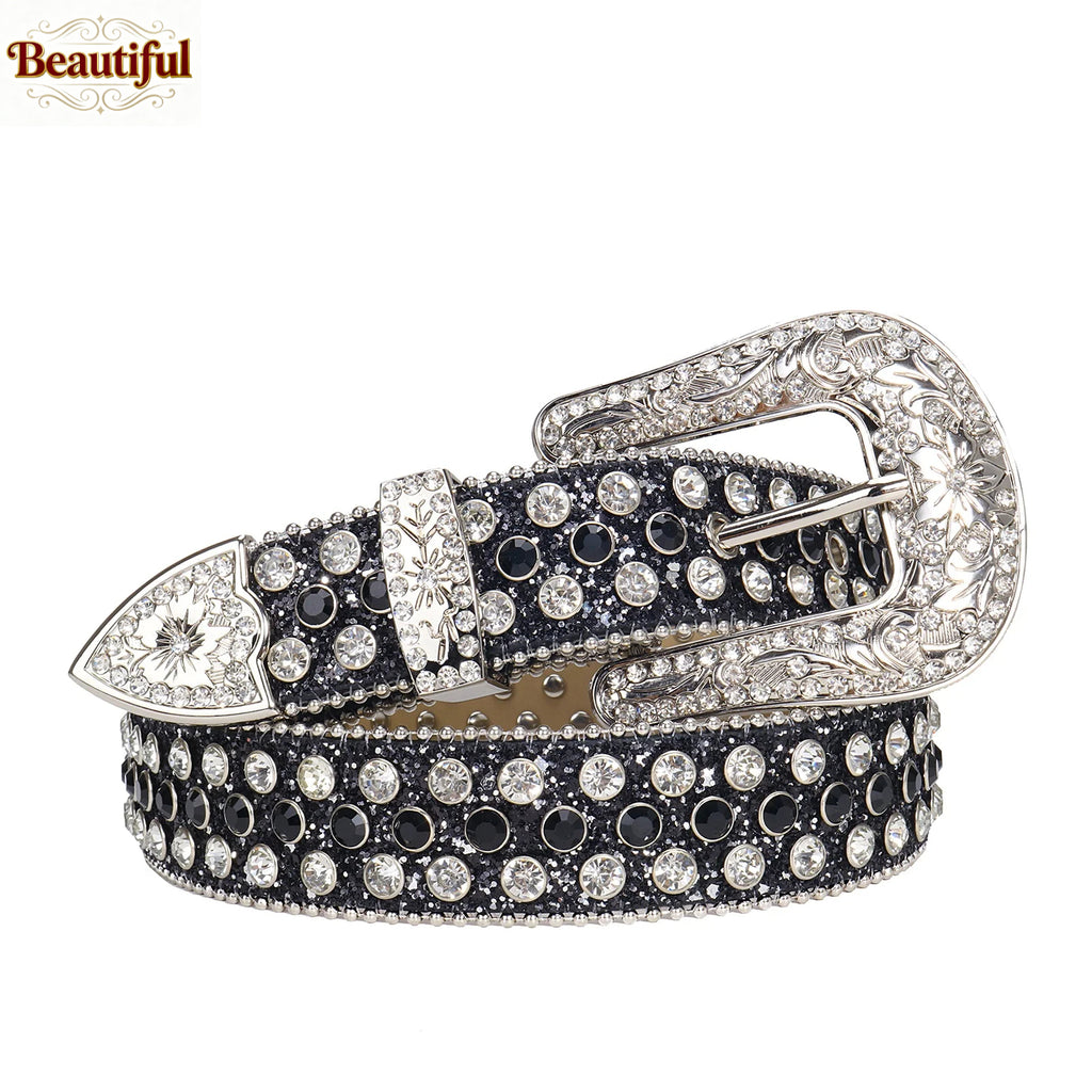 Floral Buckle Western Rhinestone Belt Man Designer BB Diamond Studded Leather Waist Belt Strap Cinturon De Diamantes