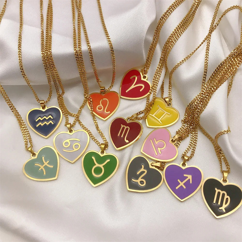 $10 christmas gifts 12 Constellation Necklace for Women Charms Enamel Heart Zodiac Sign Pendant Necklace Aries Leo Amulet