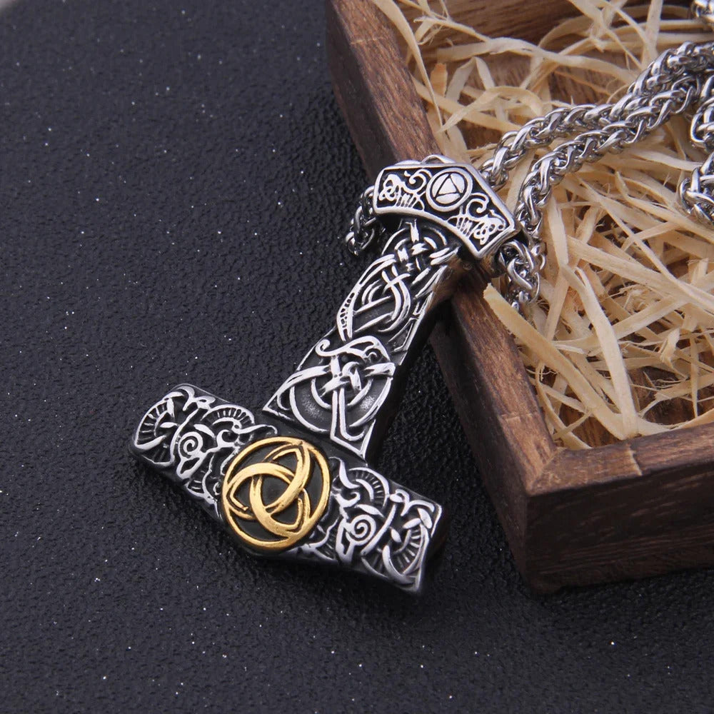 $20 christmas gifts Fashion Valknut Viking Thor's Hammer Pendant Necklace With keel Chain As Men Gift with wooden box $20 gift ideas