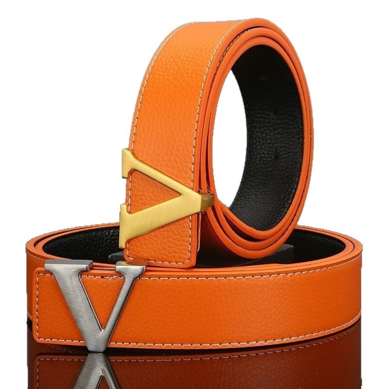 New V-Shape Genuine Cow Hide Leather Belt for Men and Young Men Casual with Trendy Jeans Alloy Buckle All-Match Fashion
