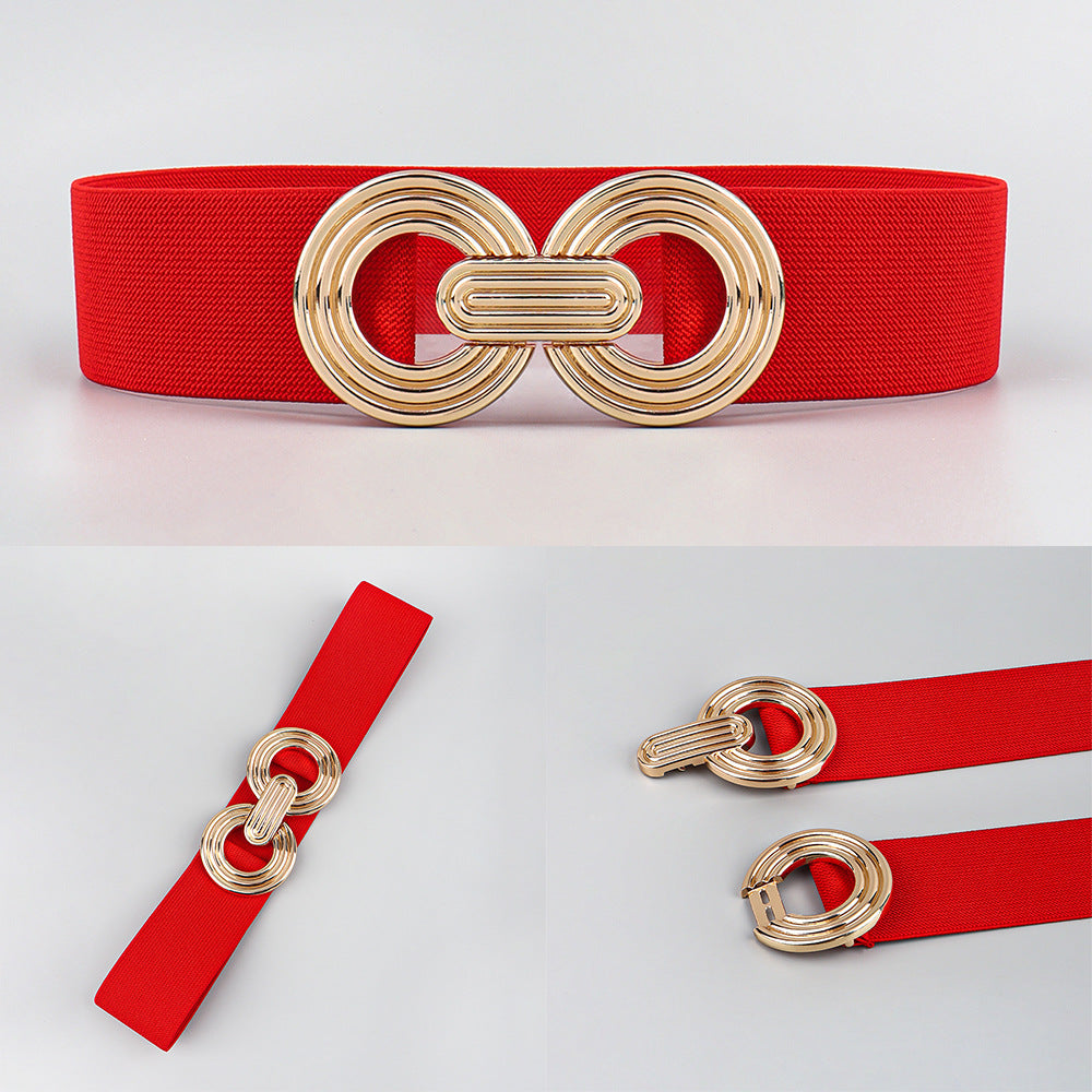 Wide Elastic Dress Waistband Multicolor Gold Metal Alloy Double Circle Hook Fashionable Woman's Belt，Corset Belt
