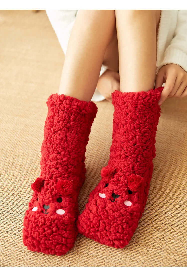 Floor Socks Women Autumn and Winter Velvet Coral Fleece Socks Sleep Home Slippers Snow Socks Confinement Bear Carpet Socks