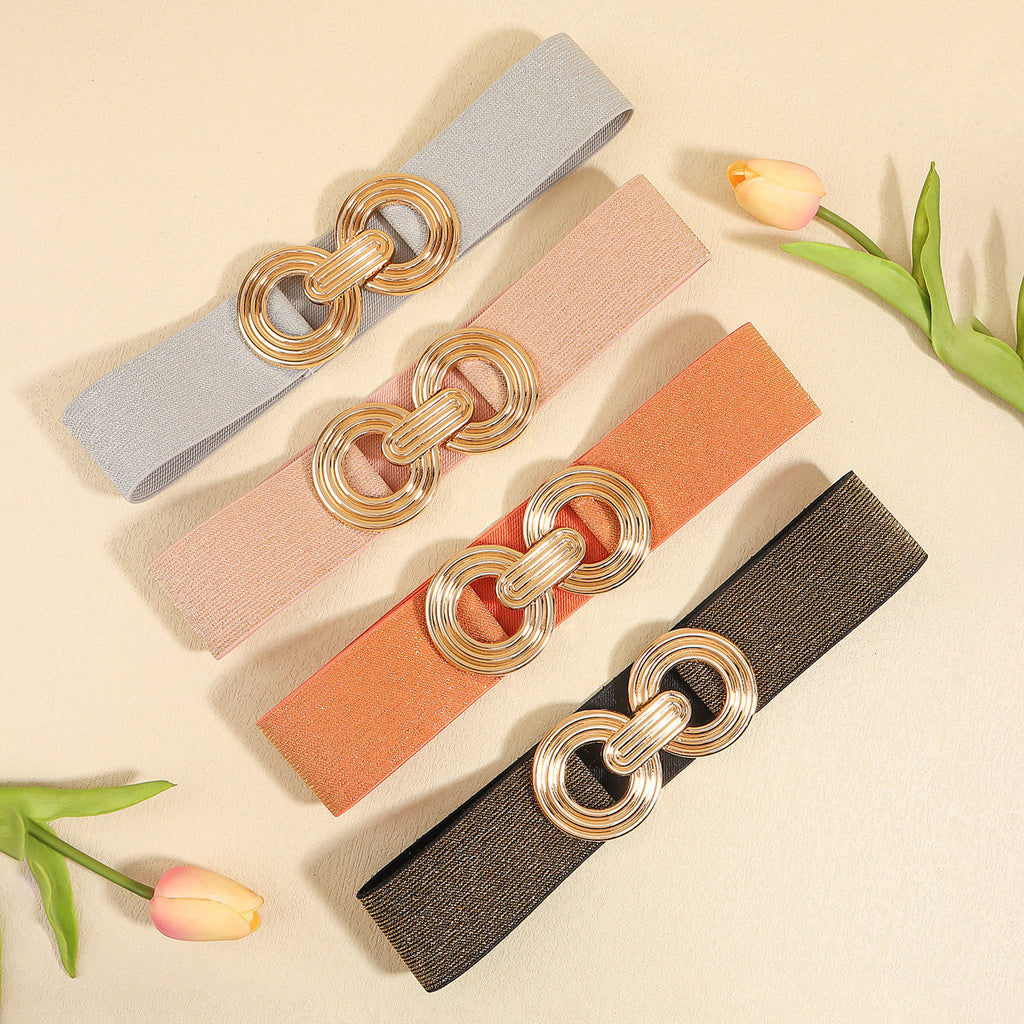 Wide Elastic Dress Waistband Multicolor Gold Metal Alloy Double Circle Hook Fashionable Woman's Belt，Corset Belt