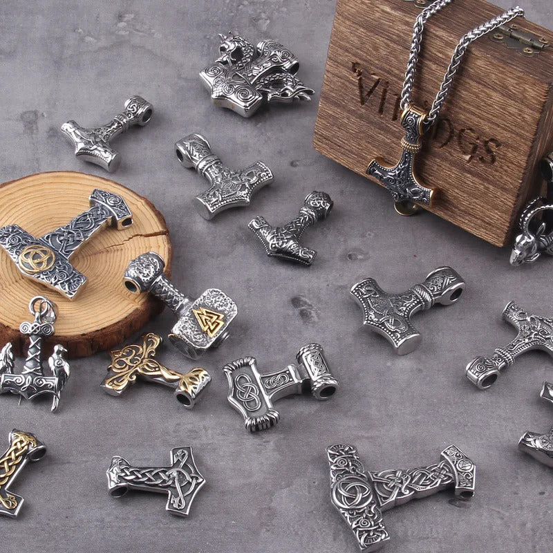 $20 christmas gifts Fashion Valknut Viking Thor's Hammer Pendant Necklace With keel Chain As Men Gift with wooden box $20 gift ideas