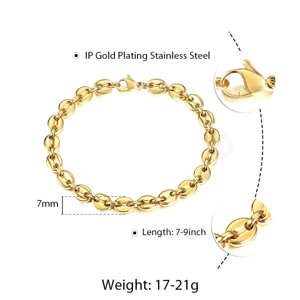 $30 christmas gifts Coffee Beans Link Chain Bracelet Stainless Steel Gold Silver Color for Men Women Simple Bracelet Jewelry Gift 7/9/11mm KBM169A