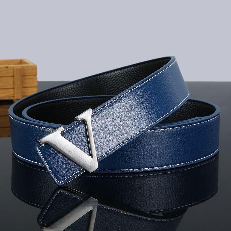 New V-Shape Genuine Cow Hide Leather Belt for Men and Young Men Casual with Trendy Jeans Alloy Buckle All-Match Fashion