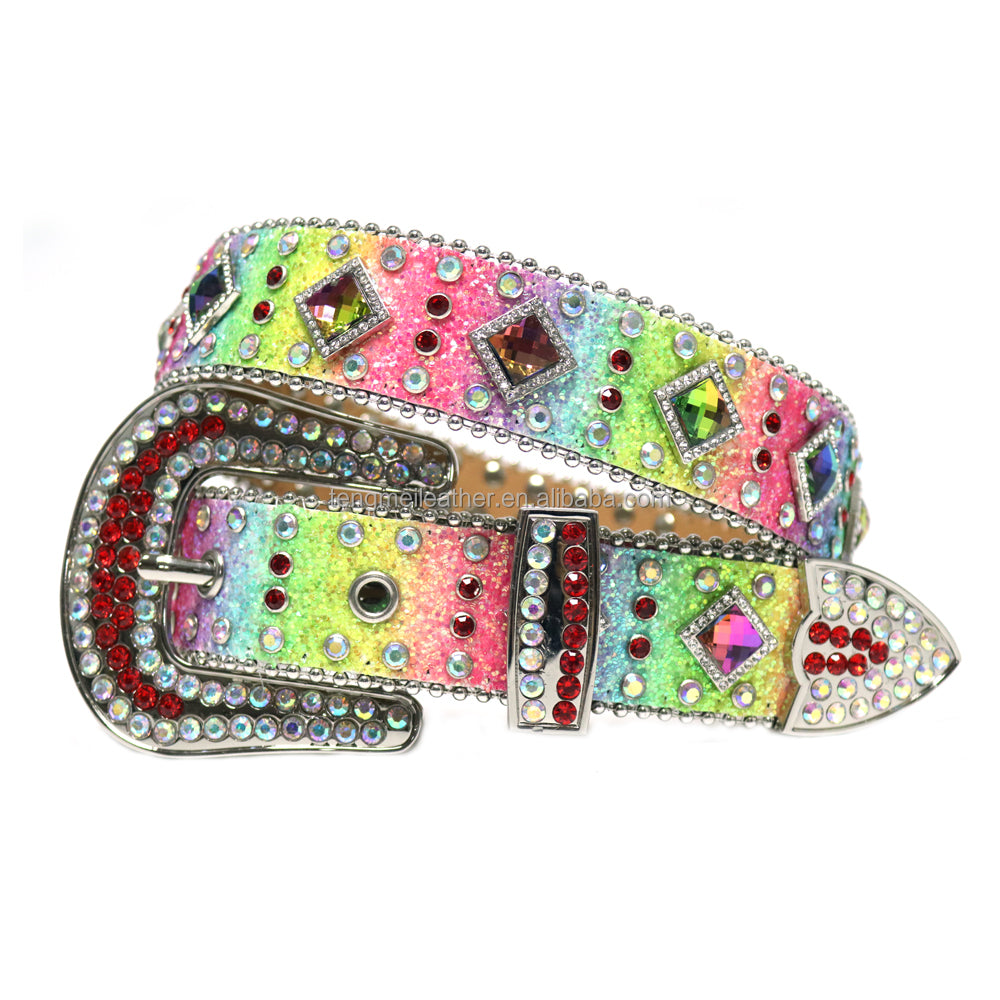 Bold&Eye-Catching Red Bling Bling Diamond Belt Rhinestone&Spike Studded Leather Belt