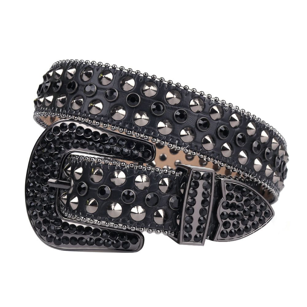 Bold&Eye-Catching Red Bling Bling Diamond Belt Rhinestone&Spike Studded Leather Belt