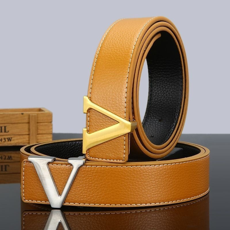 New V-Shape Genuine Cow Hide Leather Belt for Men and Young Men Casual with Trendy Jeans Alloy Buckle All-Match Fashion