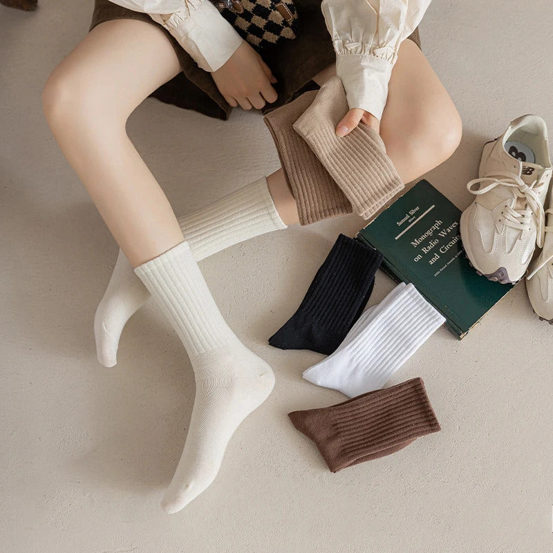 Women Elastic Socks Solid Color Fashion Classic Striped JK Socks Coffee Beige White Black Cotton Middle Tube Long Casual Socks