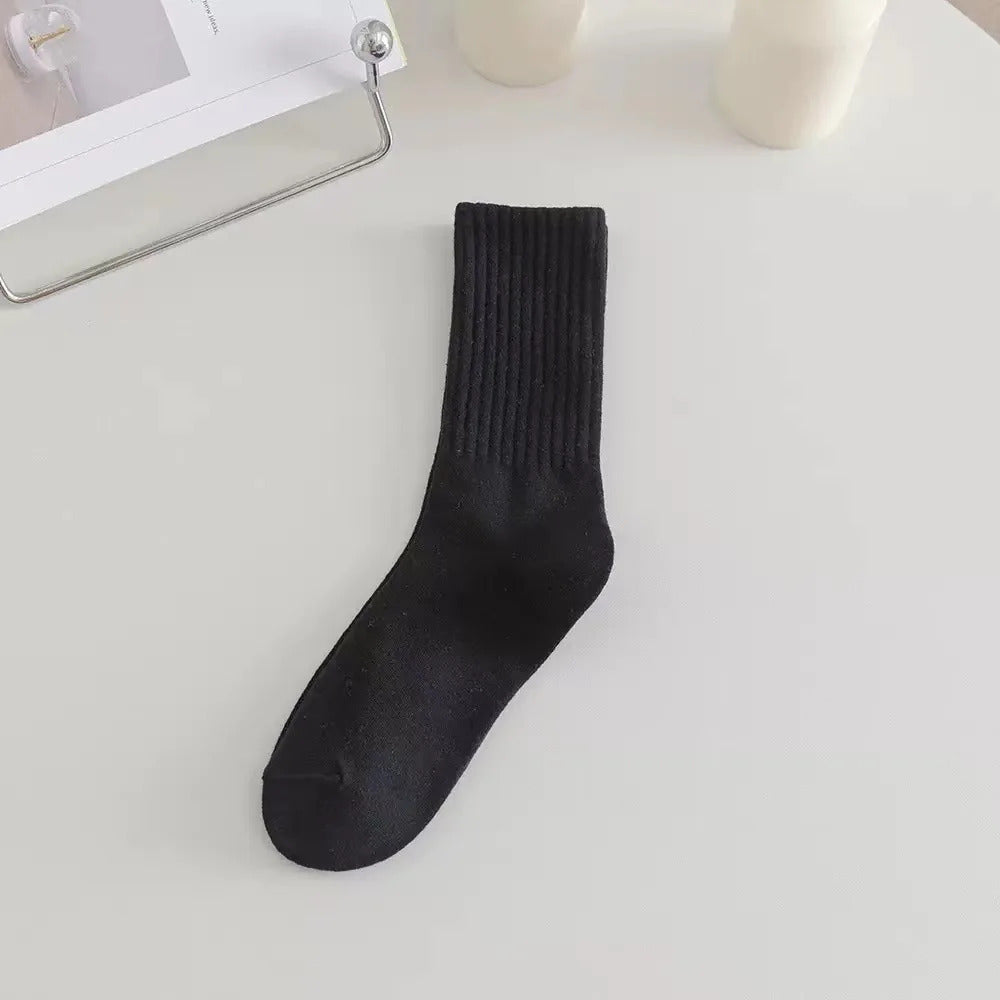 Women Elastic Socks Solid Color Fashion Classic Striped JK Socks Coffee Beige White Black Cotton Middle Tube Long Casual Socks