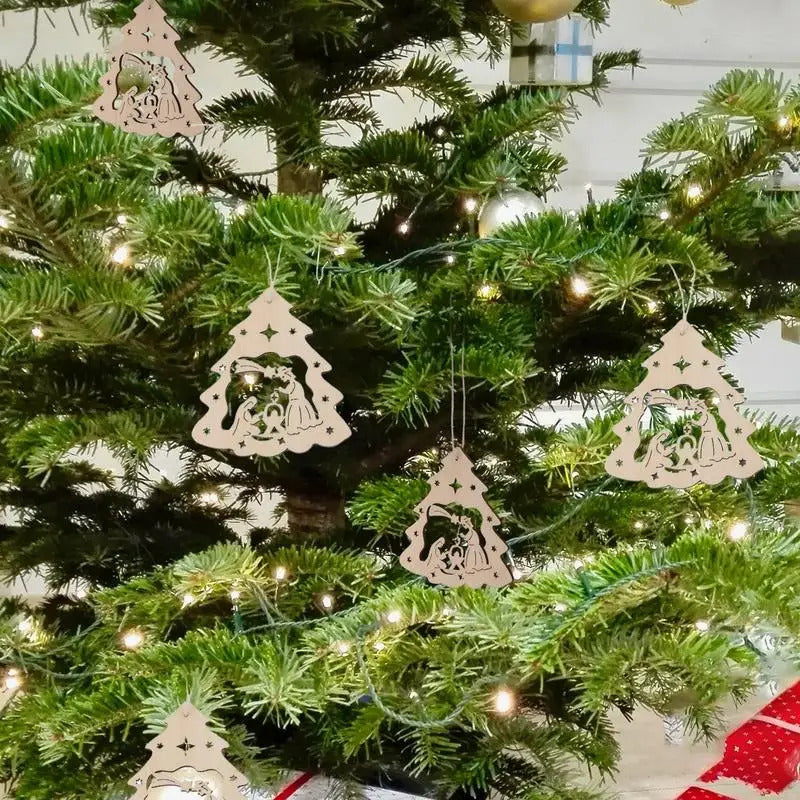 $10 christmas gifts 10 PCS Wooden Christmas Decorations Nativity Ornament Set With Ropes Christmas Wooden DIY Tree Shaped Baubles
