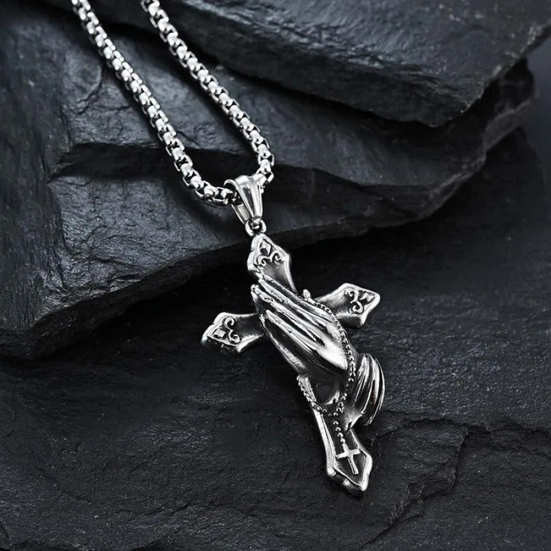 $10 christmas gifts Praying Hands Necklace Black Stainless Steel Cross Box Chain - For Teens - Gift Accessories $10 gift ideas