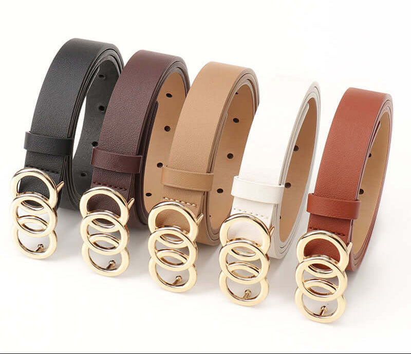 Women's Korean-Style PU Belt with Three Circle Plate Buckle Fashionable Ins Senior Sense for All Coat Denim the Belt for Women
