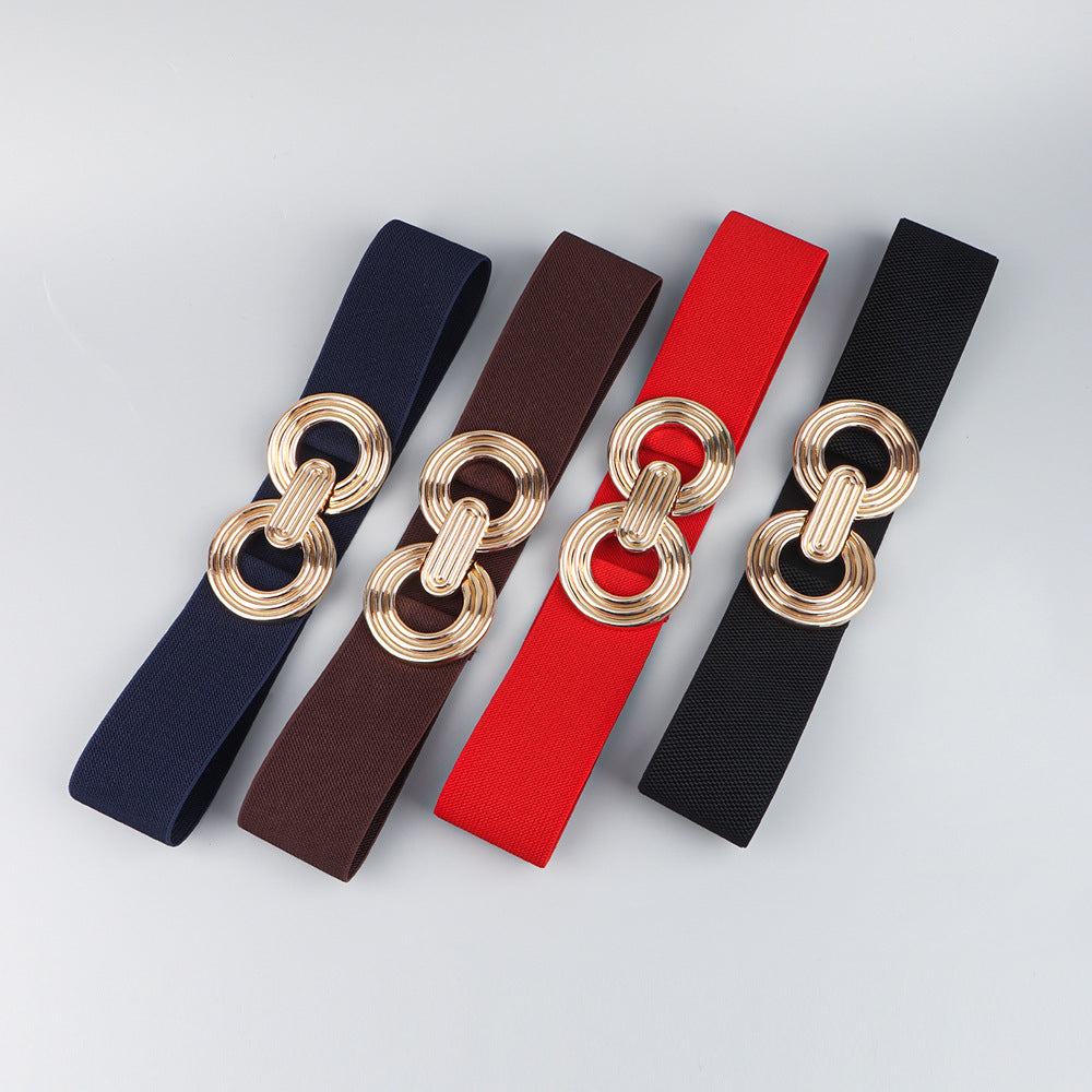 Wide Elastic Dress Waistband Multicolor Gold Metal Alloy Double Circle Hook Fashionable Woman's Belt，Corset Belt