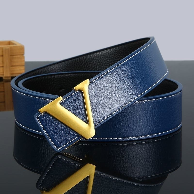 New V-Shape Genuine Cow Hide Leather Belt for Men and Young Men Casual with Trendy Jeans Alloy Buckle All-Match Fashion