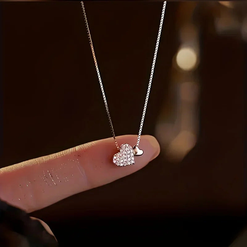 best gifts for $50 Korea Ins Fashion Shiny Inlaid Zirconia Double Love Pendant Necklace Women Simple Design Wedding Banquet Jewelry Accessories