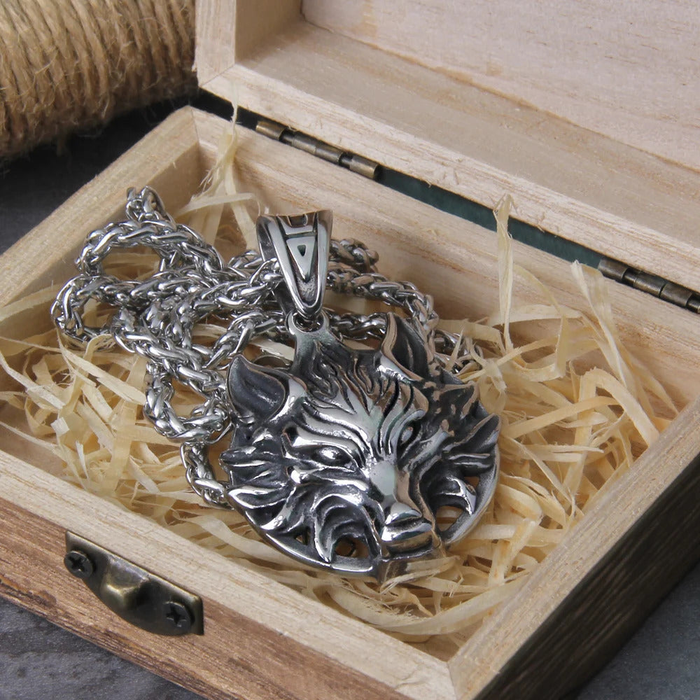 $20 christmas gifts Never Fade Men stainless steel Wolf head norse viking pendant necklace vikings wooden box as christmas gift$20 gift ideas
