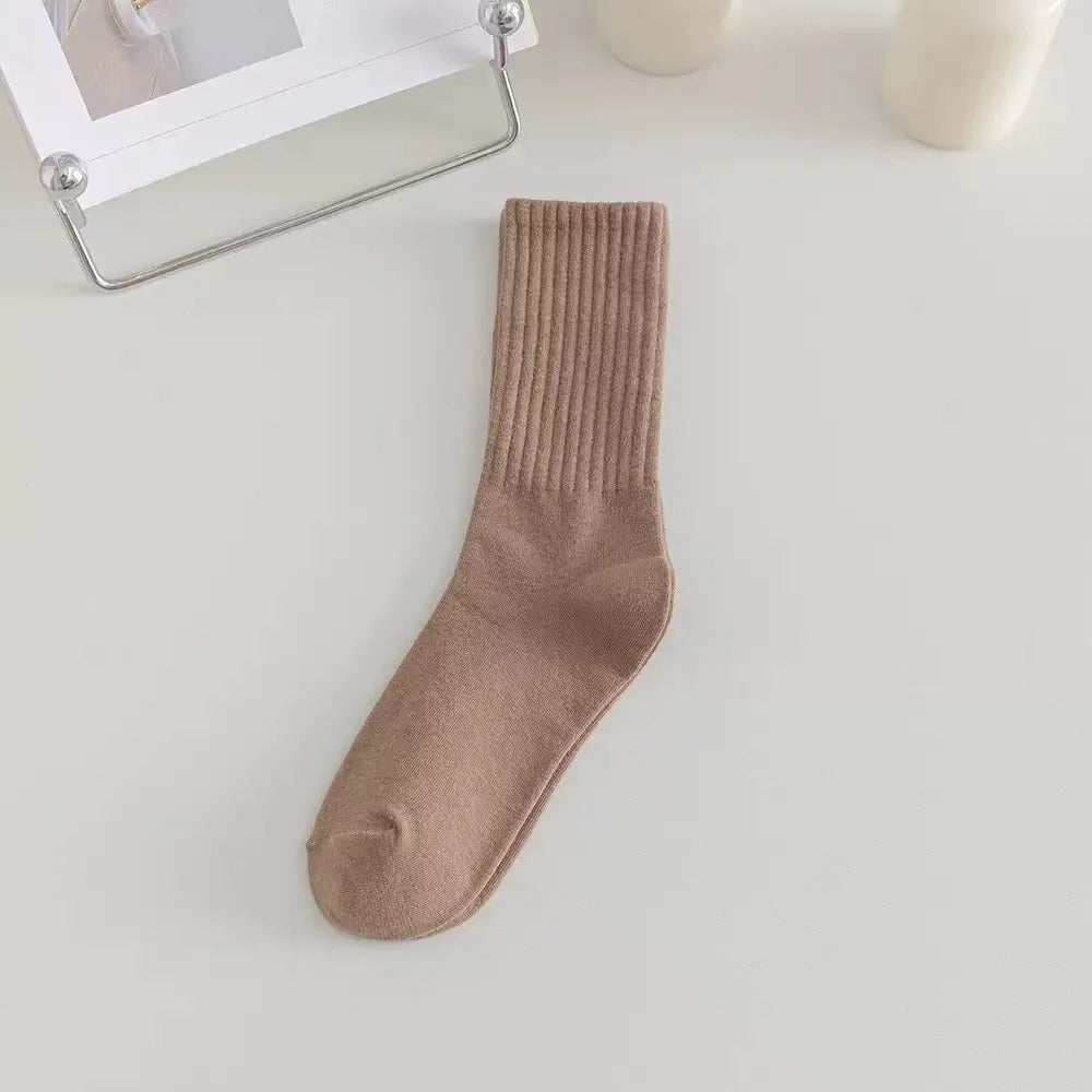 Women Elastic Socks Solid Color Fashion Classic Striped JK Socks Coffee Beige White Black Cotton Middle Tube Long Casual Socks
