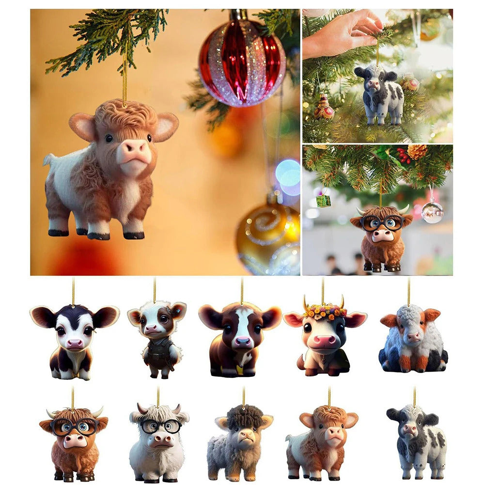 2025 xmas ornament Cartoon Cow Christmas Tree Ornament Creative Cute Car Pendant Atmosphere Decoration Hanging Pendant Home Tree Decor Accessories