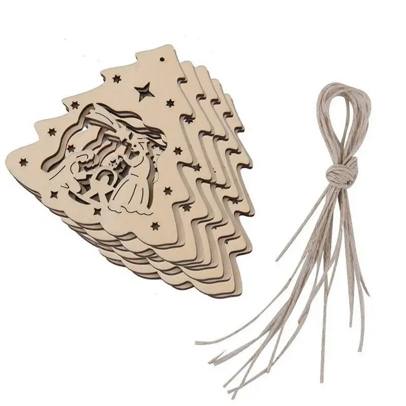 $10 christmas gifts 10 PCS Wooden Christmas Decorations Nativity Ornament Set With Ropes Christmas Wooden DIY Tree Shaped Baubles
